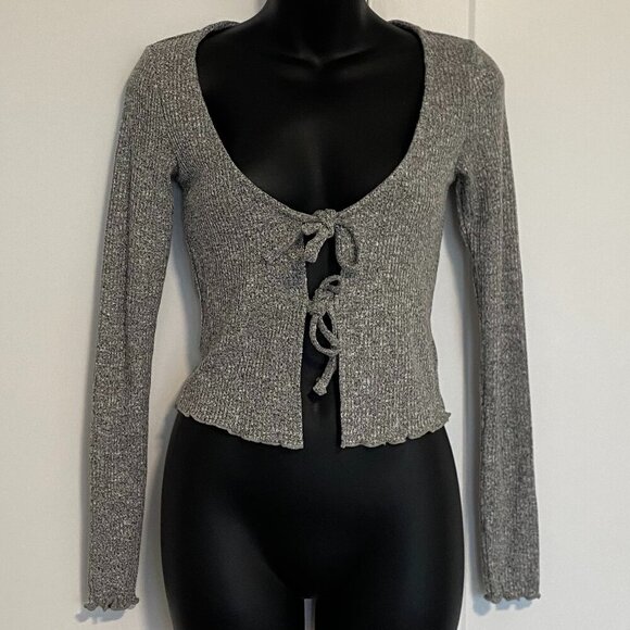 Garage Tops - NWT Garage Salt & Pepper Grey Ribbed Tie‎ Front Crop Top Women's Size Small